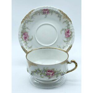 Theodore Haviland Limoges Teacup Saucer Demitasse Gold Pink Rose